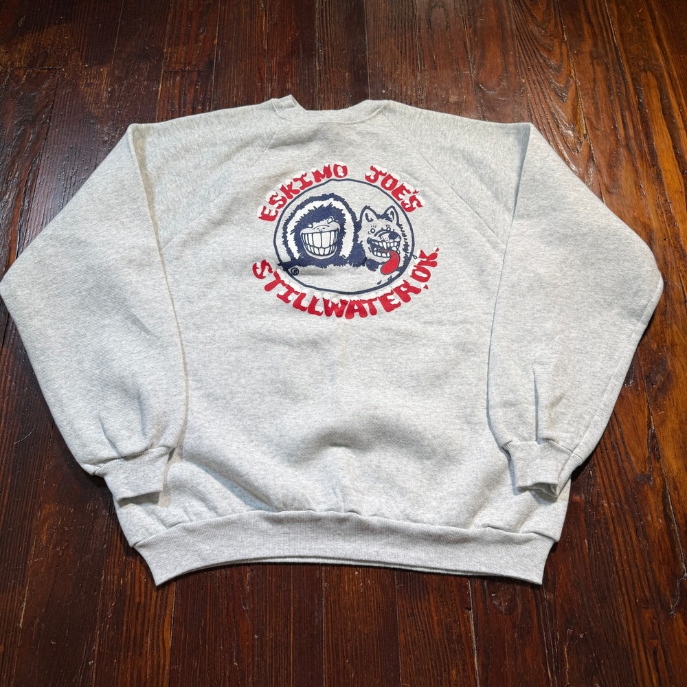 Vintage 90s Eskimo Joes Sweatshirt Men XL Gray Hanes Stillwater OK Raglan USA